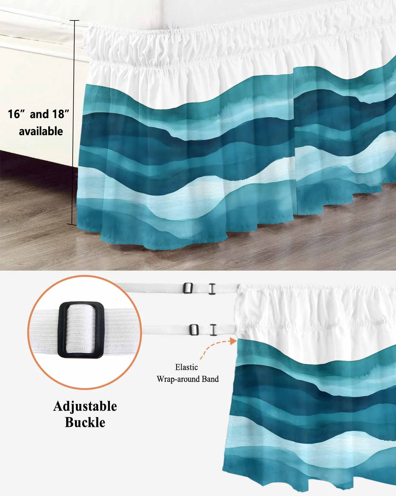 Teal Blue Bed Skirt Water Ripple Abstract Gradient Coean Waves Bed Skirts Queen Size 16 Inch Drop, Wrap Around Dust Ruffle&nbsp;Bedskirt with Adjustable Elastic Belt for Queen Size Beds
