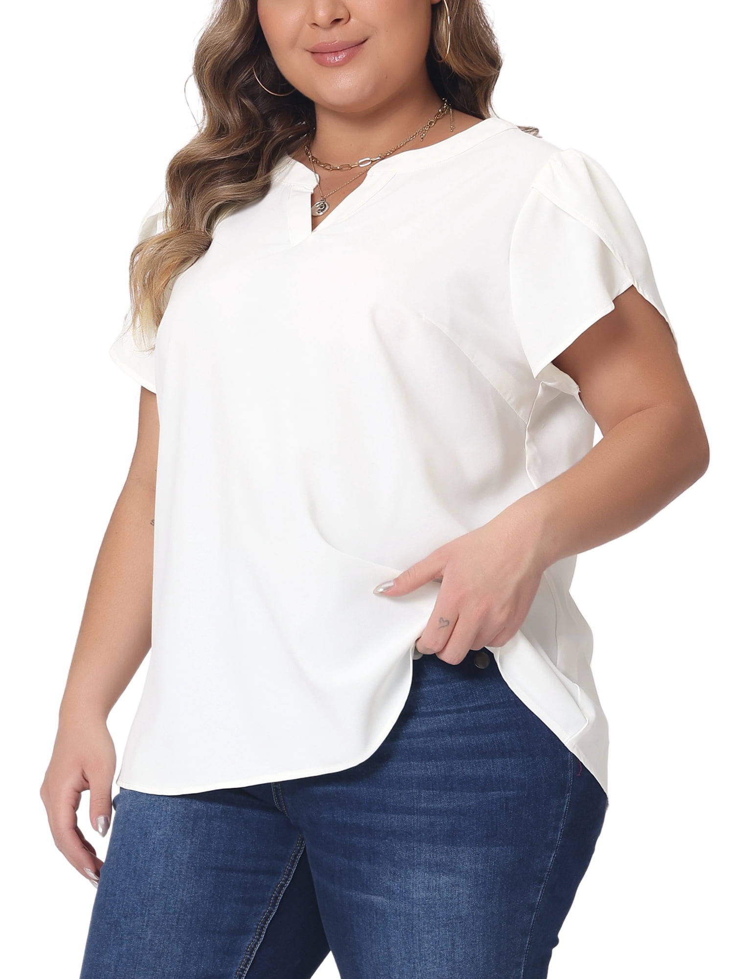 Women's Plus Blouses Notched V Neck Short Petal Sleeve Shirts Casual Dressy Tops 2X White