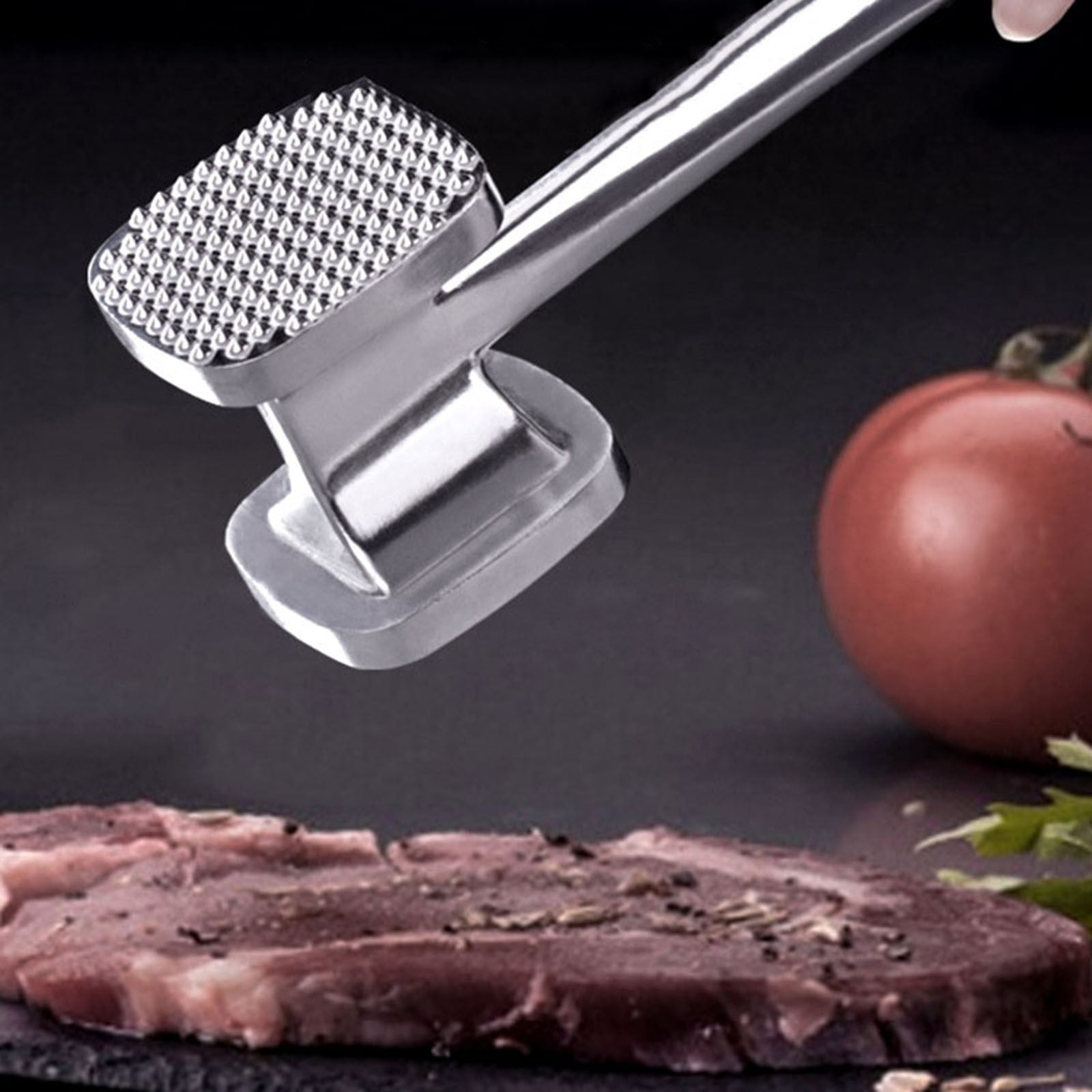 Marteau à Attendrir Viande Inox Double Face - 60 Pointes + Côté Plat, Manche Antidérapant, 24.5 Cm