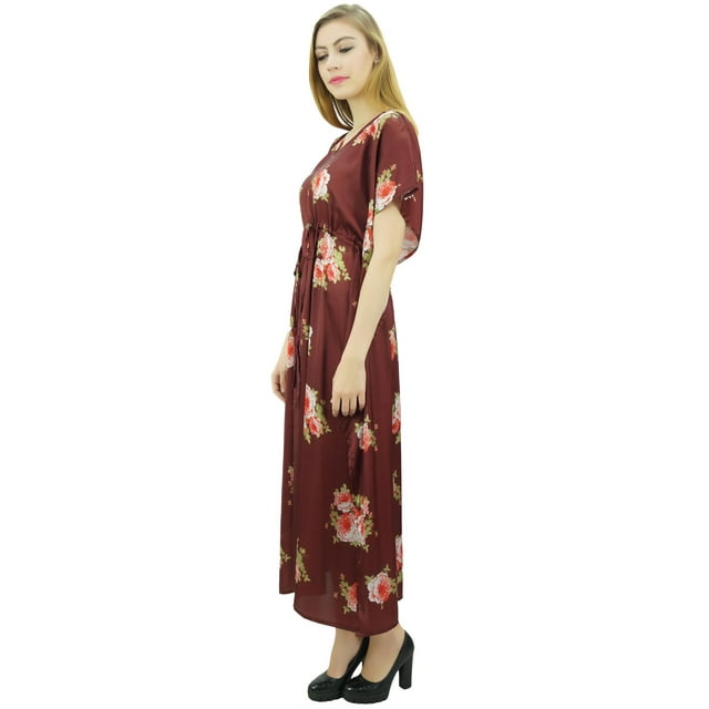 Bimba Robe Longue pour Femmes Marron avec Cordon de Serrage Kaftan Floral Kimono - 8
