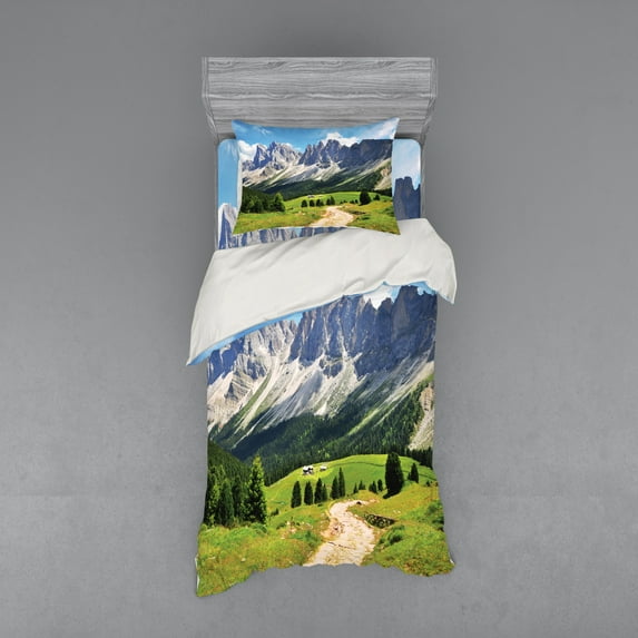 Ambesonne Nature Bedding Set 3 Pcs, Pathway to Forest Alps, Twin XL, Green White Blue