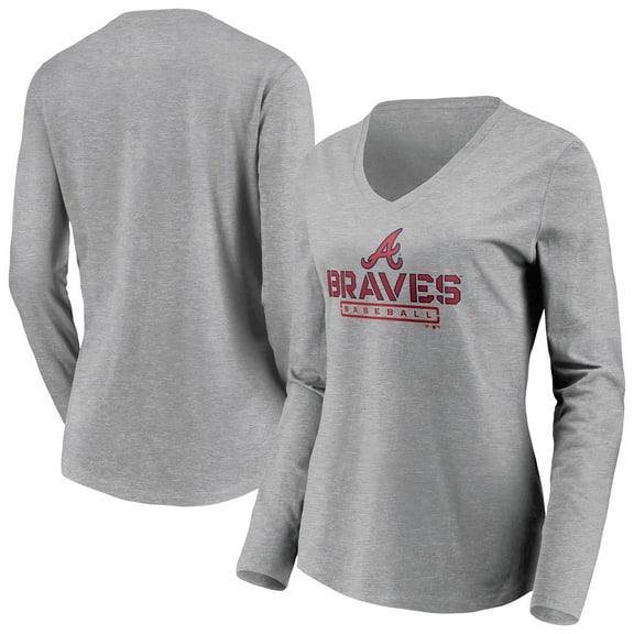 Women's Gray Atlanta Braves Evanston Stencil Long Sleeve V-Neck T-Shirt