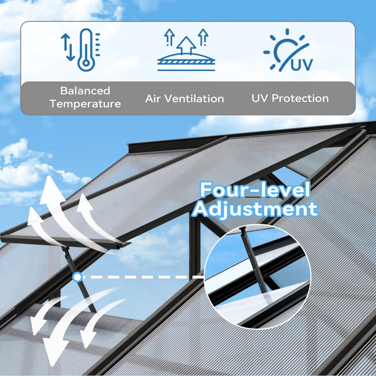 10ft x 16ft, Walk-In Polycarbonate Greenhouse with 4 Adjustable Roof Vents, Aluminum Frame