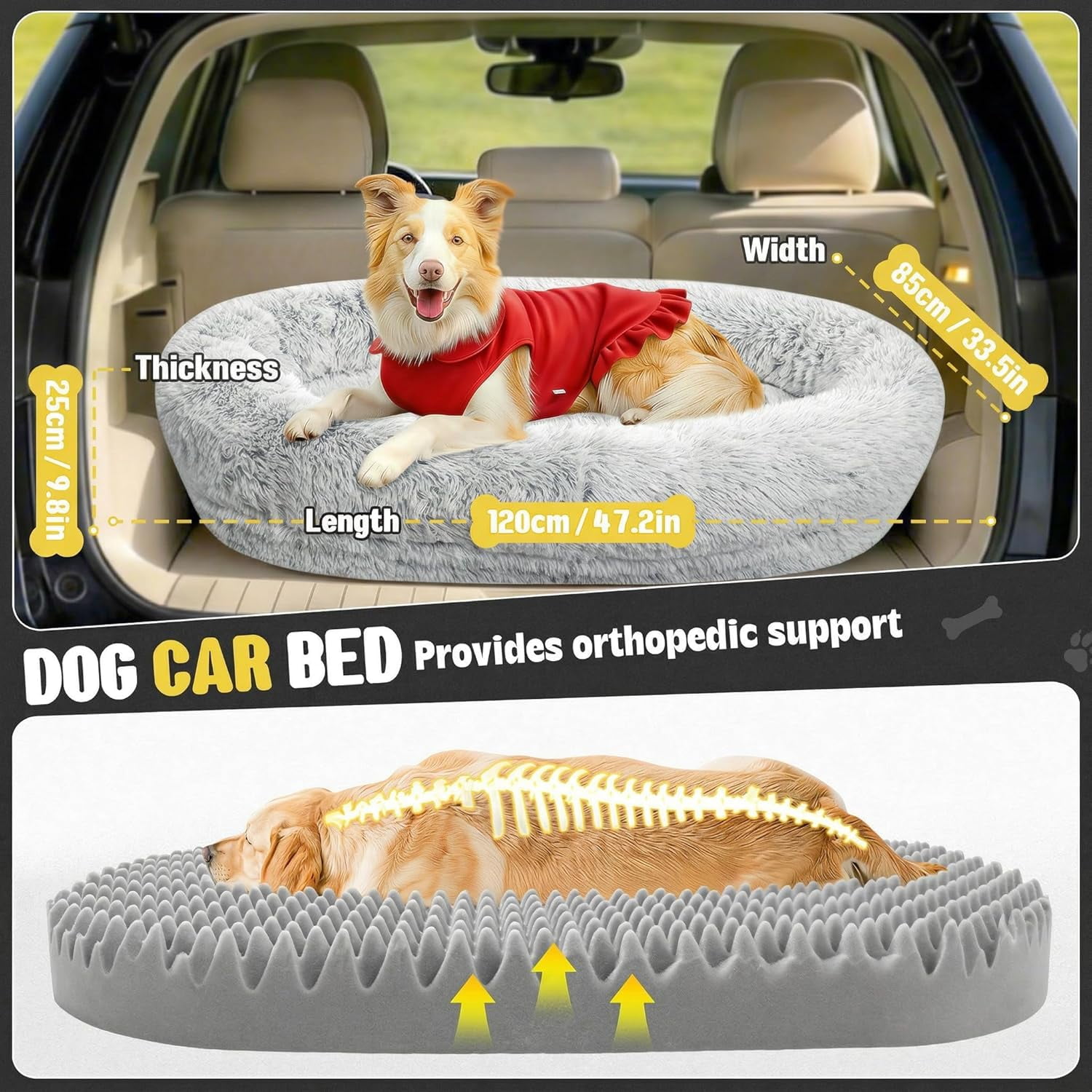 Orthopedic Car Dog Bed for Large Dogs, Waterproof Faux Fur Calming Travel Bed
