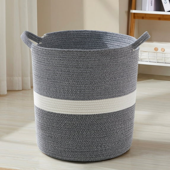 Large Woven Cotton Rope Tall 18" Height Laundry Hamper Basket with Handles, Storage Basket for Toys, Blanket, and Towels - 16 x 18, Gray/White