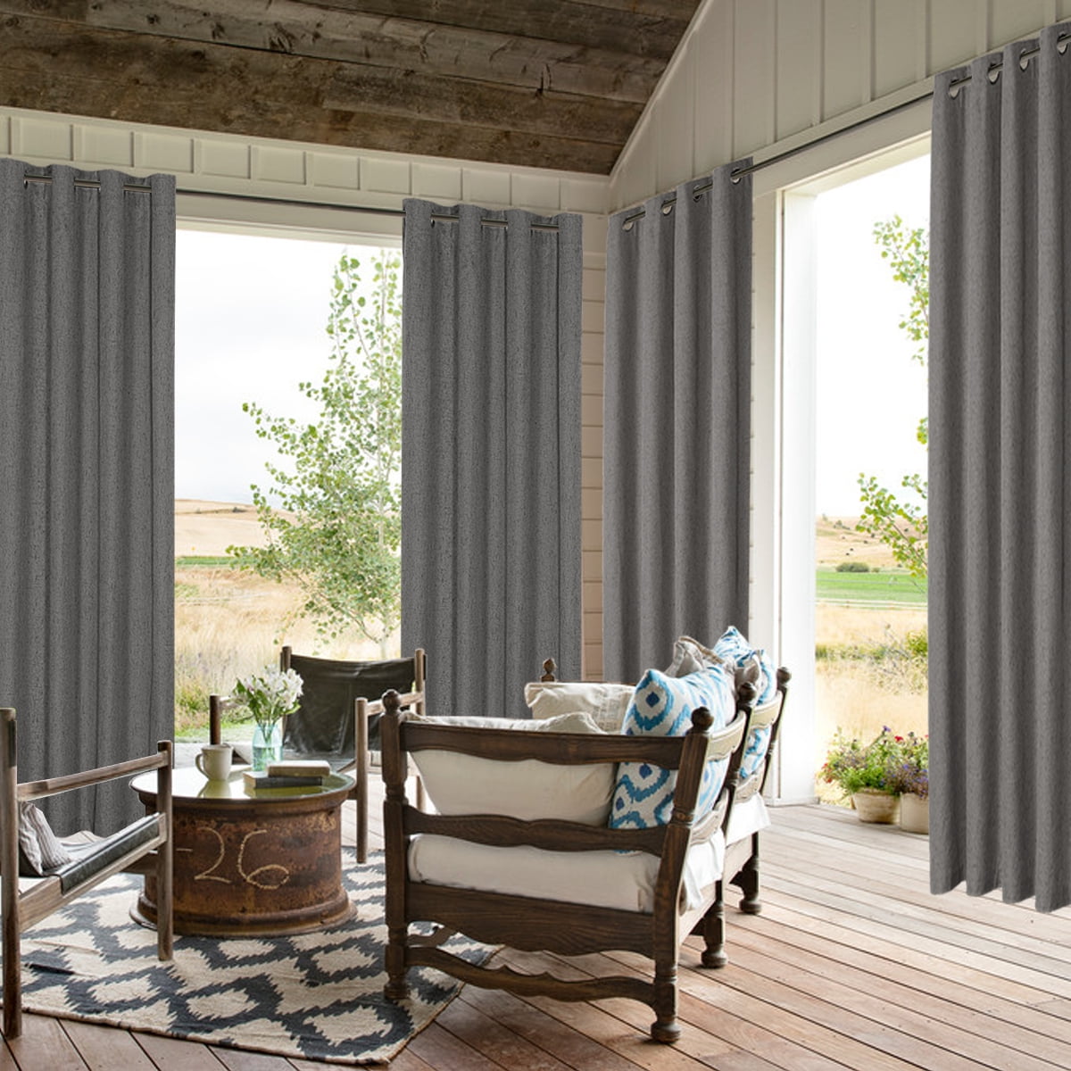PrimeBeau 100% Blackout Waterproof Linen Thermal Insulated Grommet Curtains, 52" x 108" Inch, Grey