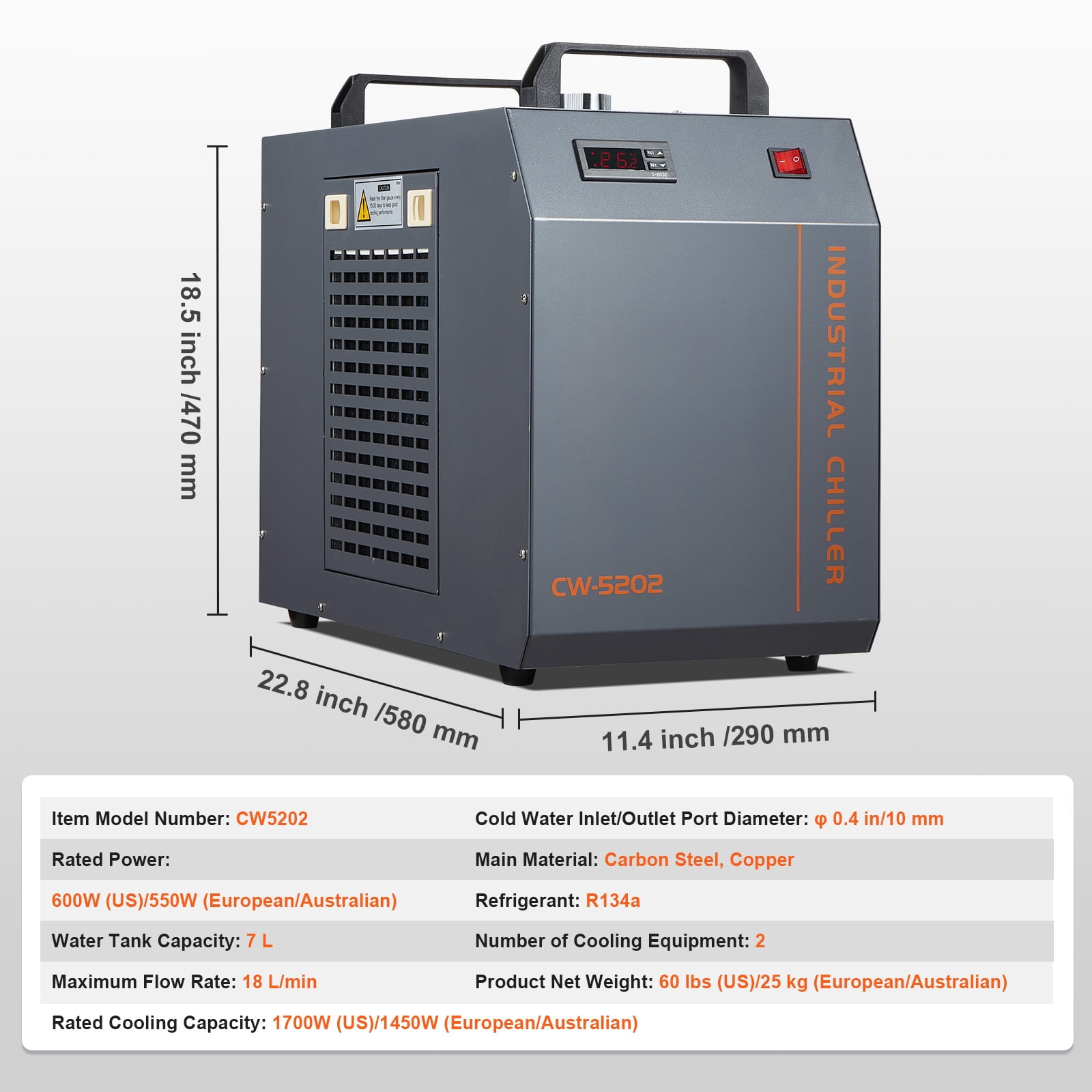 SKYSHALO Industrial Water Chiller, CW-5202, features a robust cooling system with an integrated compressor, 7L tank capacity, and a maximum flow rate of 18 L/min