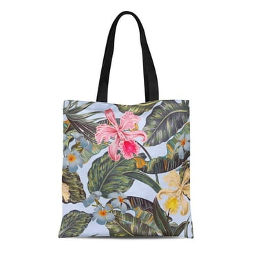 ASHLEIGH Canvas Tote Bag Floral Tropical Pattern Exotic Flowers Palm Leaves Jungle Leaf Durable Reusable Shopping Shoulder Grocery Bag