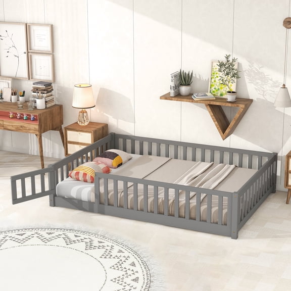 Twin Floor Bed, Sturdy Wood Montessori Bed Frame with Wood Slats, Fence & Door, Gray (with Bed Slats)