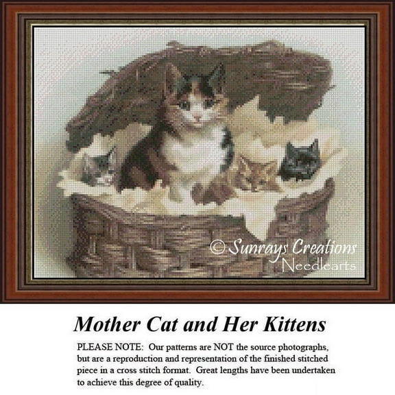 Vintage Cross Stitch Patterns | Mother Cat and Her Kittens (Pattern Only, You Provide The Floss and Fabric)