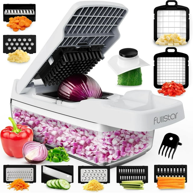 Hachoir à Légumes Mandoline Trancheuse Râpe à Fromage - Hachoir à Oignons Salade Légumes avec Récipient - Trancheuse de Pommes de Terre - Outils de Cuisine Gadgets (6-en-1 Compact Blanc)