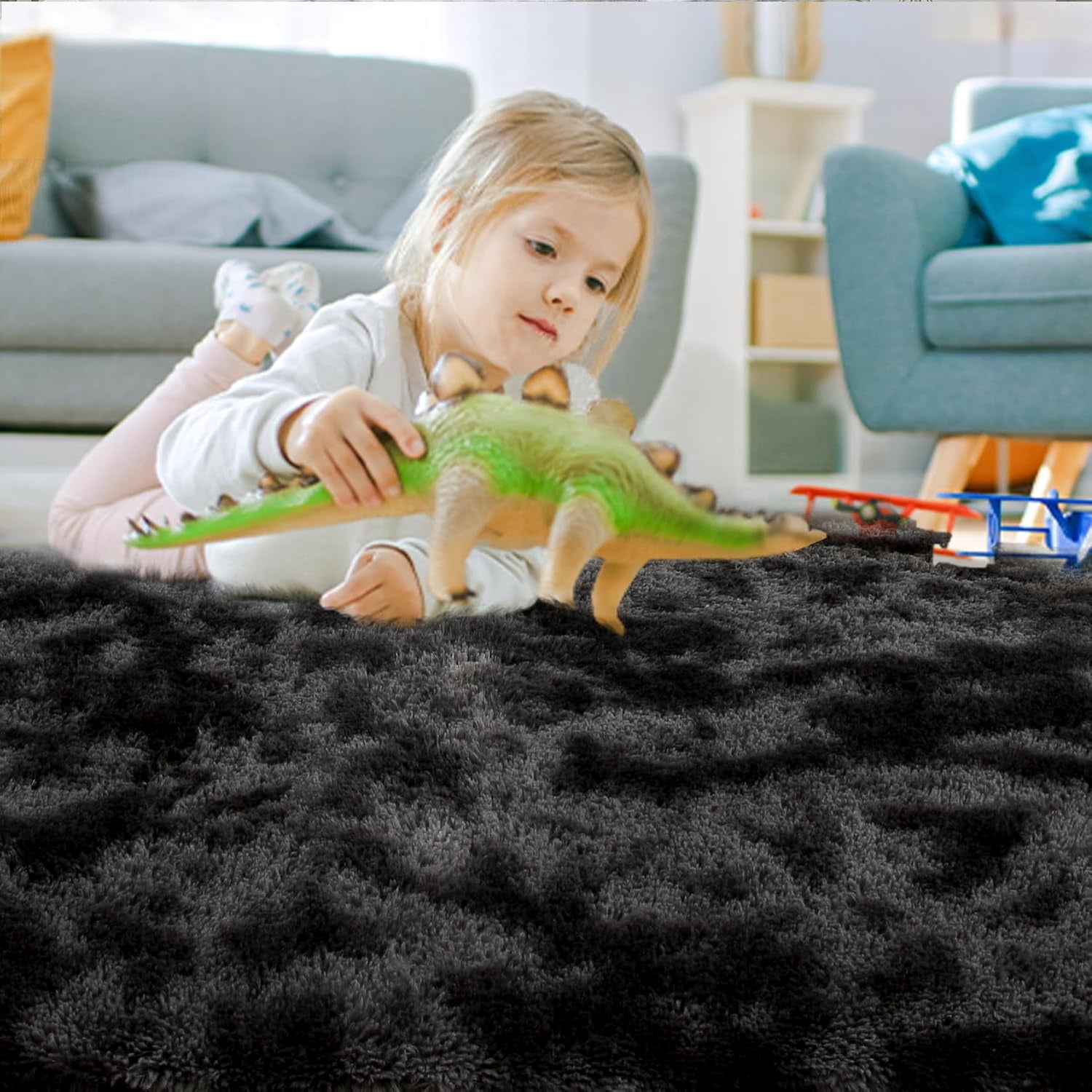 Memoryfield 5' x 8' Area Rug, Tie-Dye Plush Non-Skid Rug, for Bedroom Living Room Nursery, Black Gray