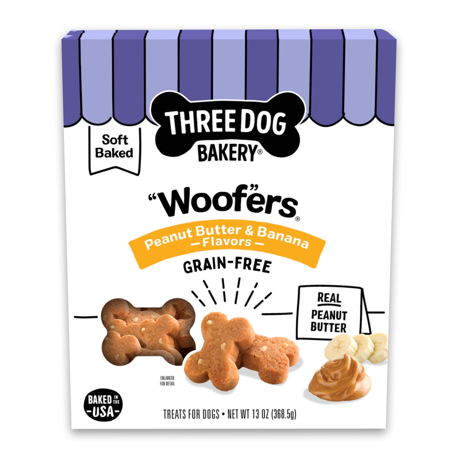 Three Dog Bakery Grain-Free Woofers Dog Treats, Peanut Butter & Banana, 13 oz