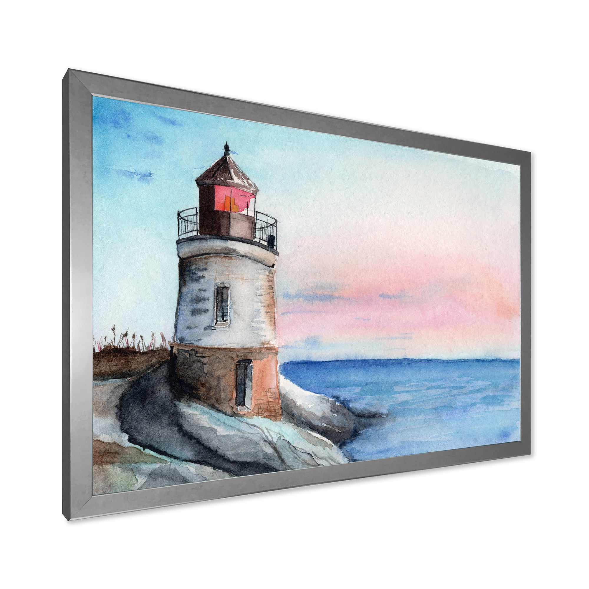 Designart 'A Lighthouse On A Rock Shore At Dawn' Nautical & Coastal Framed Art Print