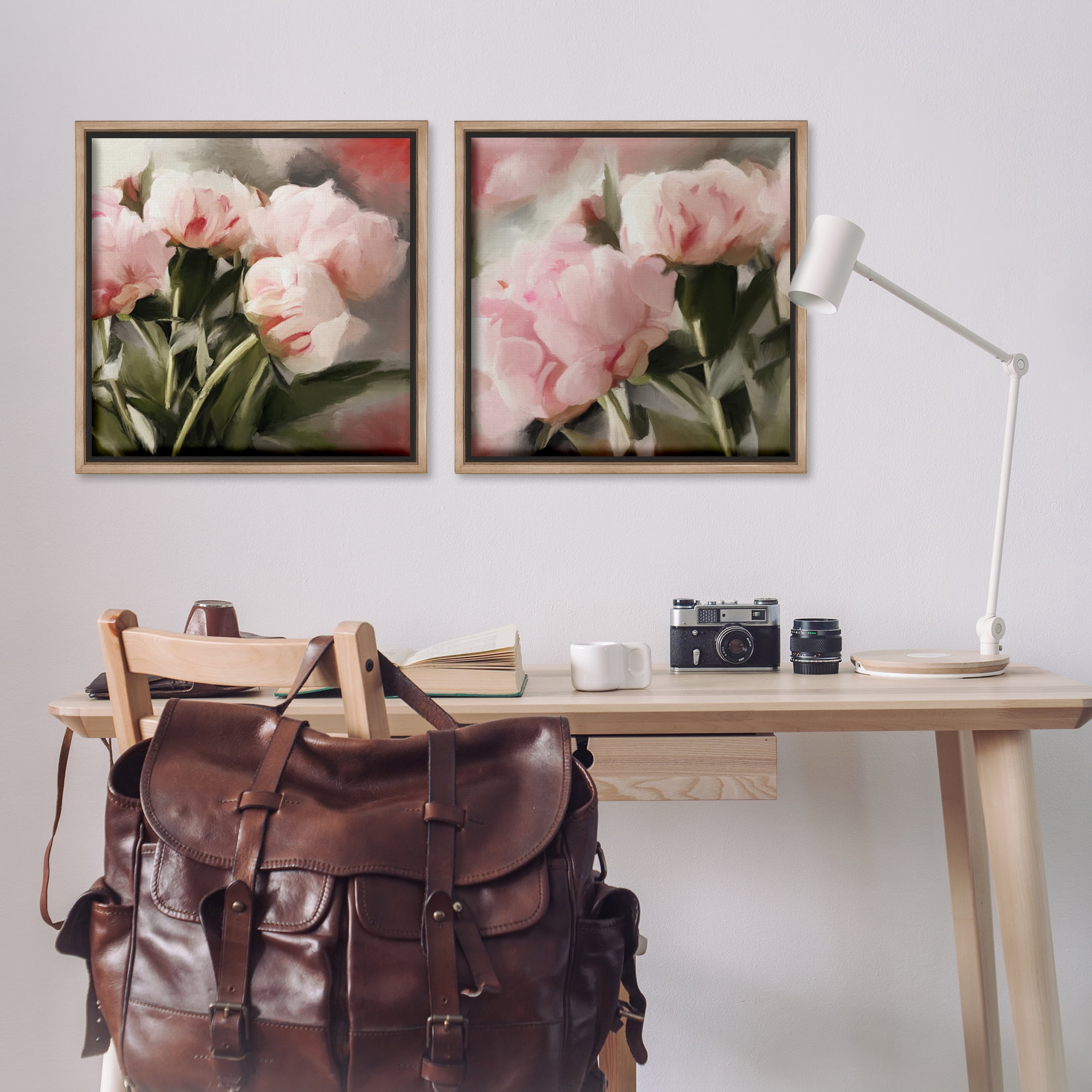 Stupell Industries Soft Pink Peony Arrangement Plants & Flowers Painting Brown Floater Framed Canvas Art Print Wall Art, 25 x 25, Set of 2