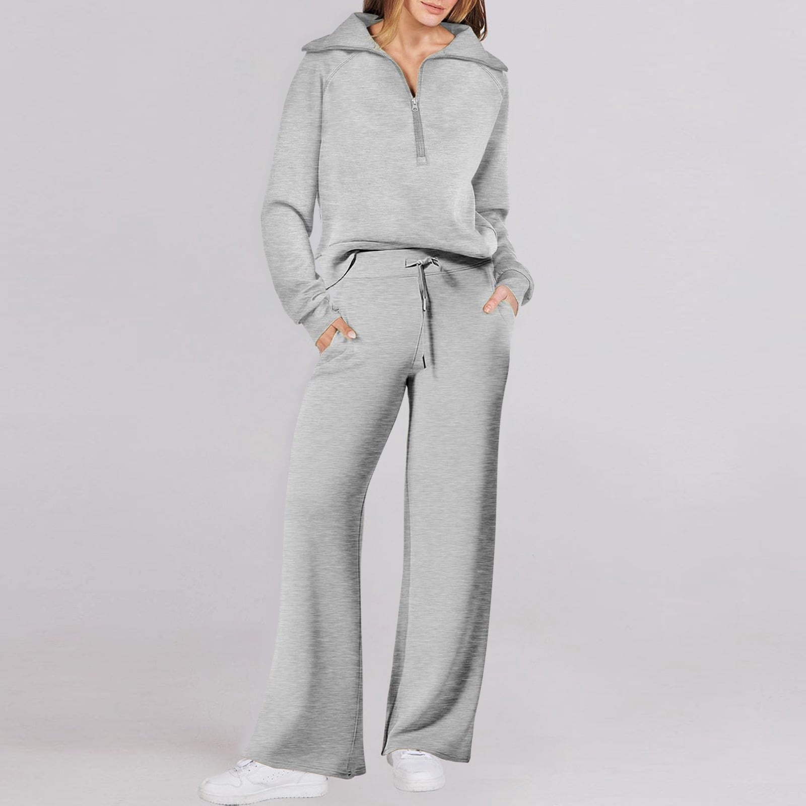 CILENON Travel Outfits for Women 2 Piece Sets Women Two Piece Outfits Sweatsuit Set Quarter Zip Sweatshirt Wide Leg Sweatpant Fall Set Tracksuit Comfy Sets for Women Clothing (Gray,S)