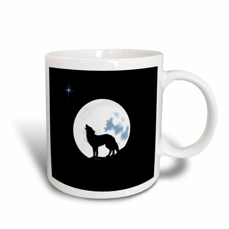 Bright Ceramic - 3dRose This artwork features a lone wolf in silhouette howling beneath the bright full moon, Ceramic Mug, 11-ounce