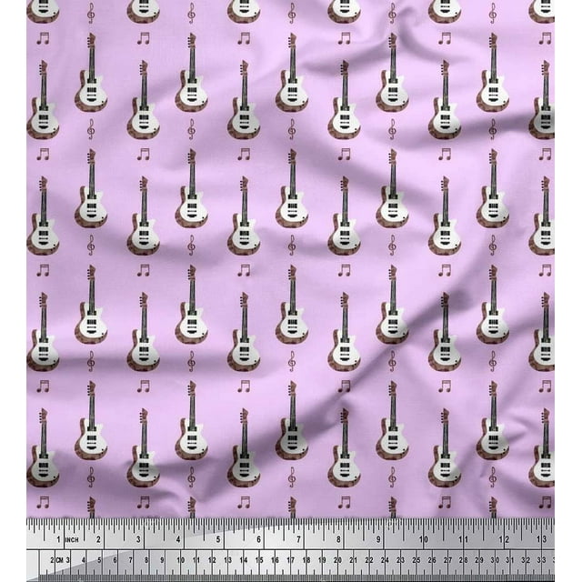 Soimoi Tissu Crêpe Polyester Notes & Guitare Instrument de Musique Imprimé Tissu de Couture Largeur 42 Pouces
