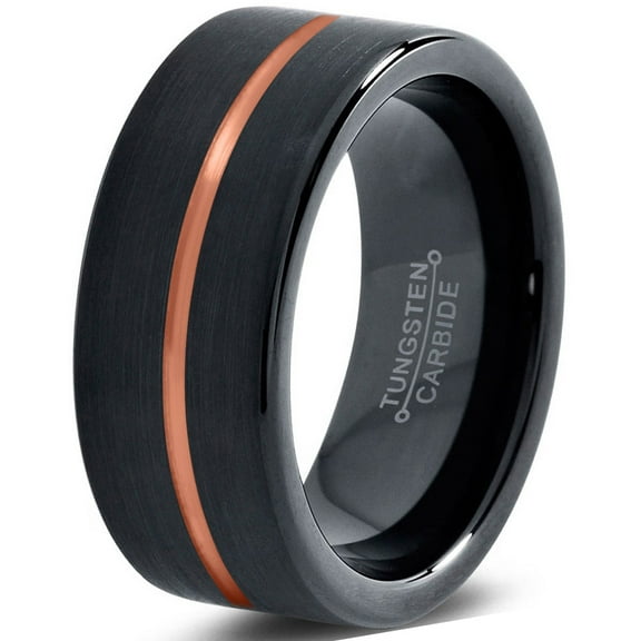 P. Manoukian Tungsten Wedding Band Ring 8mm for Men Women Black & 18K Rose Gold Plated Center Line Pipe Cut Brushed Polished Lifetime Guarantee Size 14