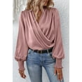 thumbnail image 3 of Shirred Cuff Long Sleeve Surplice Neck Faux Wrap Blouse for Women Pink Small, 3 of 5