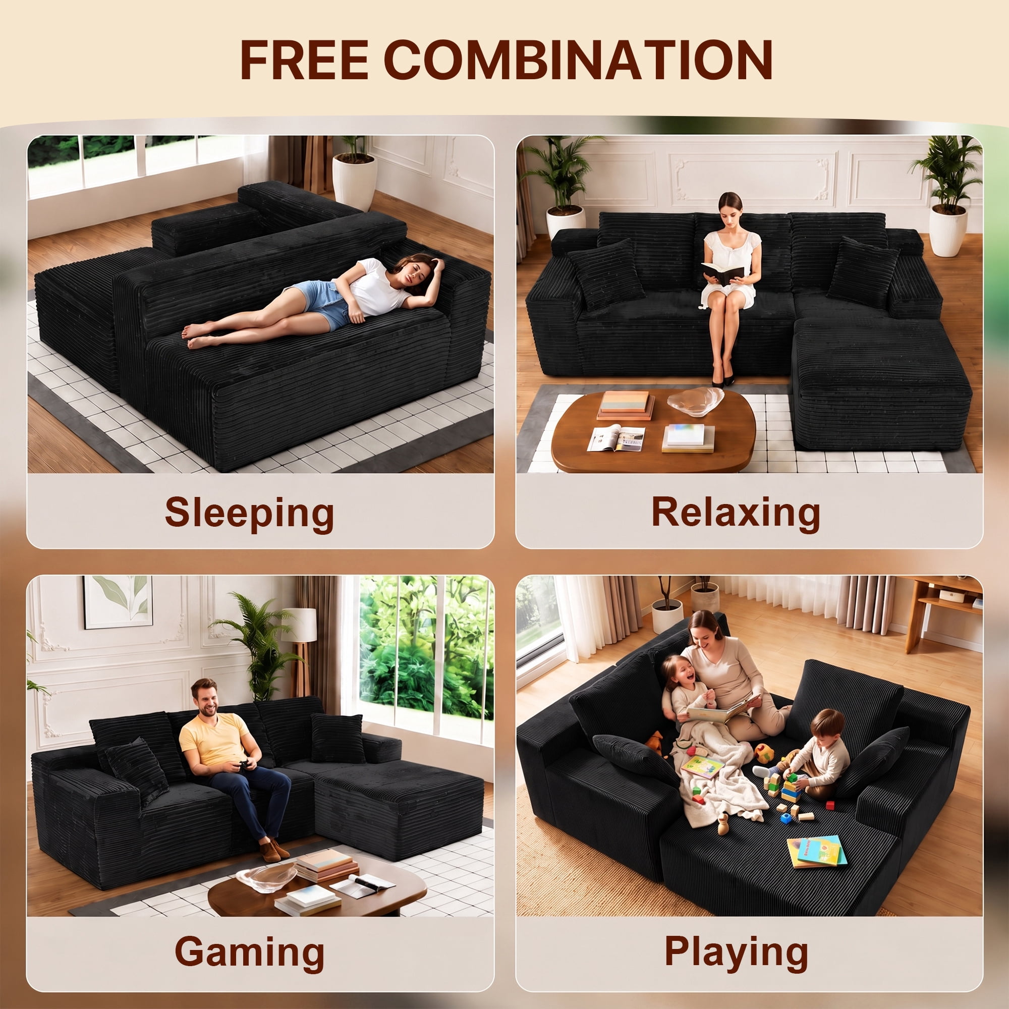 Aukfa 108" Cloud Sectional Sofa Deep Seat Boneless Couch Modular L-Shaped Couch, Rihgt Chaise Corduroy Sofa for Living Room, Blue