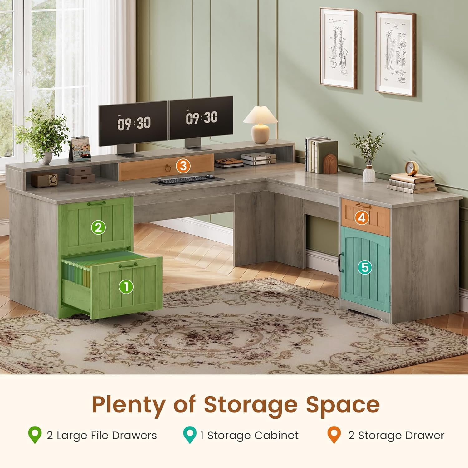 Farmhouse L Shaped Desk with Storage, Rustic Corner Desk with Monitor Stand, Desktop Organizer Drawer, 2 File Drawers & 1 Cabinet, Home Office Desk with Spacious Desktop, Large PC Workstation, Grey