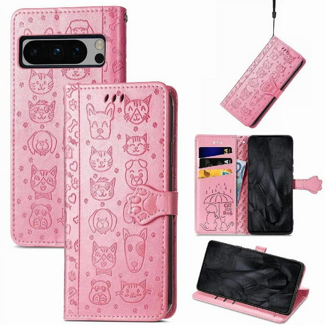Funda Cartera FOXDOCK para Google Pixel 8 Pro , Flip PU con Relieve de Gatos y Perros, Tarjetero y Soporte