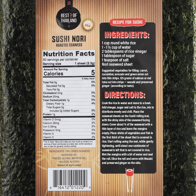 Best of Thailand Organic Sushi Nori Seaweed Sheets 50 Full Nori Sheets -  Walmart.com