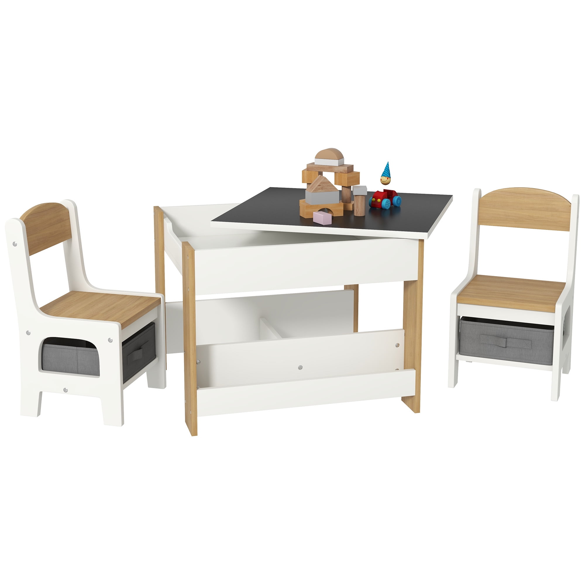 Qaba 3PCs Kids Table and Chair Set with Blackboard & Storage, Natural