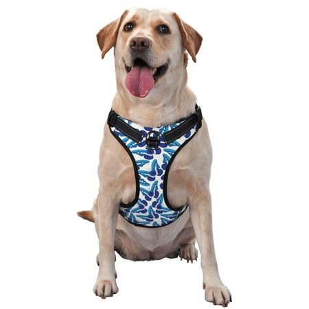 Vsdgher Blue Butterflies Pattern Dog Harness No Pull Pet Harness with Soft Padded Handle Adjustable Reflective Vest with 2 Buckles 4 Slide Buckles S-XL Large