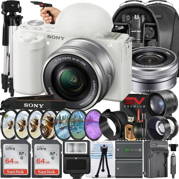 Sony ZV-E10 II Mirrorless Camera (White) with 16-50mm Lens   2 Pack 64GB Memory Card   Backpack   Filter Kit   Full Size Tripod   SV Premium Accessory Bundle