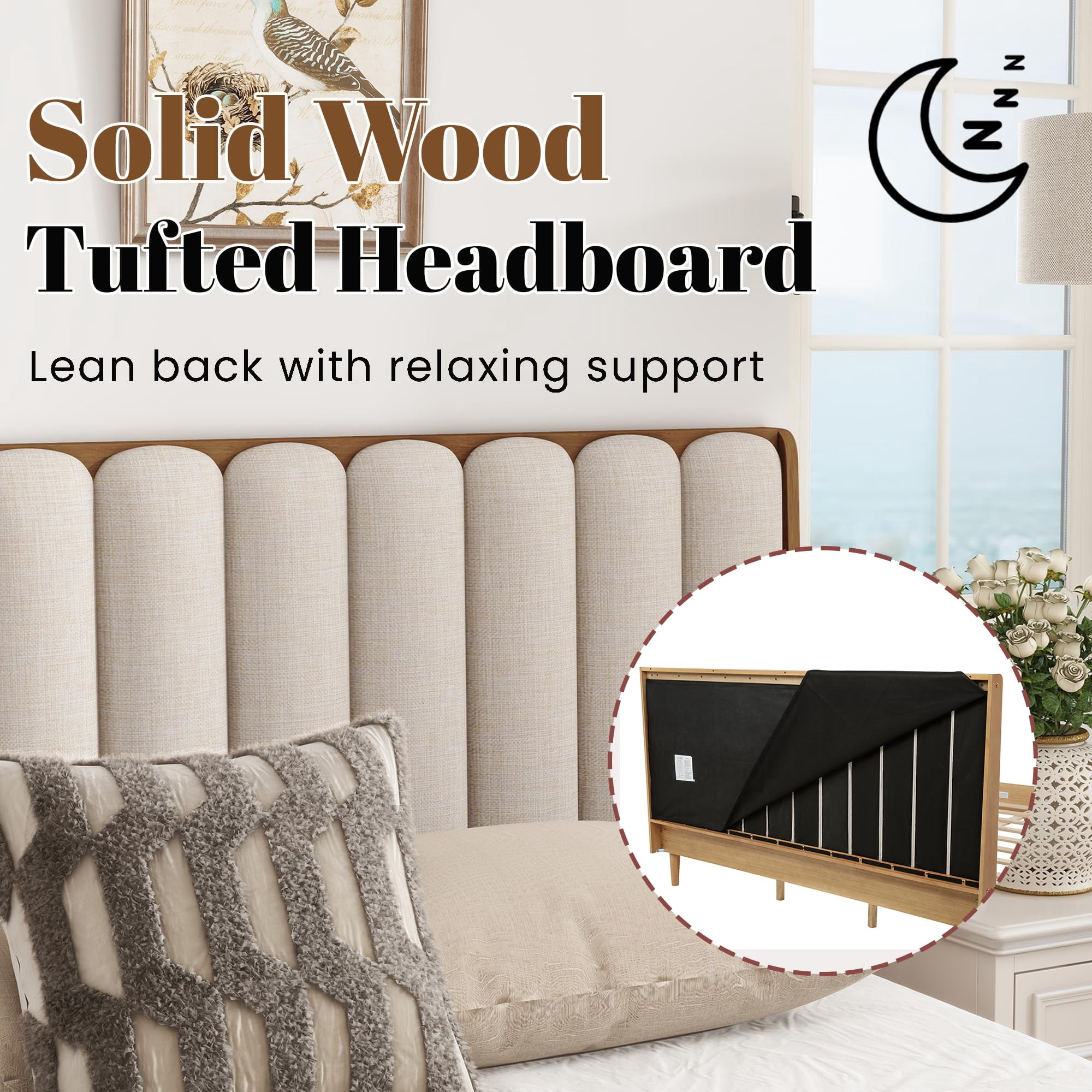Wood King Size Bed Frame, Platform Bed King with Solid Rubber Wood Legs, Tall Upholstered Tufted Headboard, Wheat