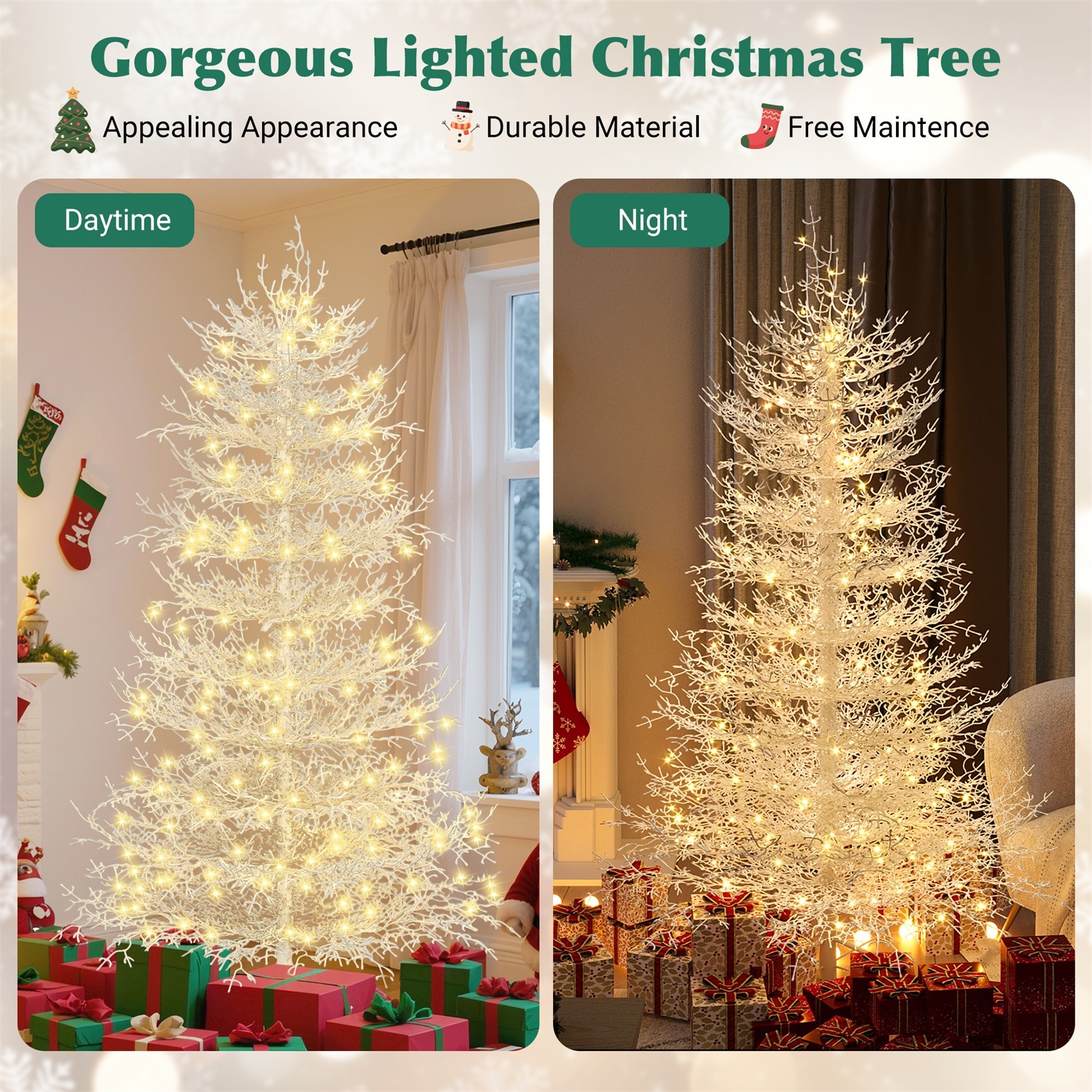 Alvantor 6Ft Pre-Lit Artificial Christmas Tree Aspen Fir Tree with Snow Flocked Branch Tips & 420 LED Lights for Holiday Decoration White