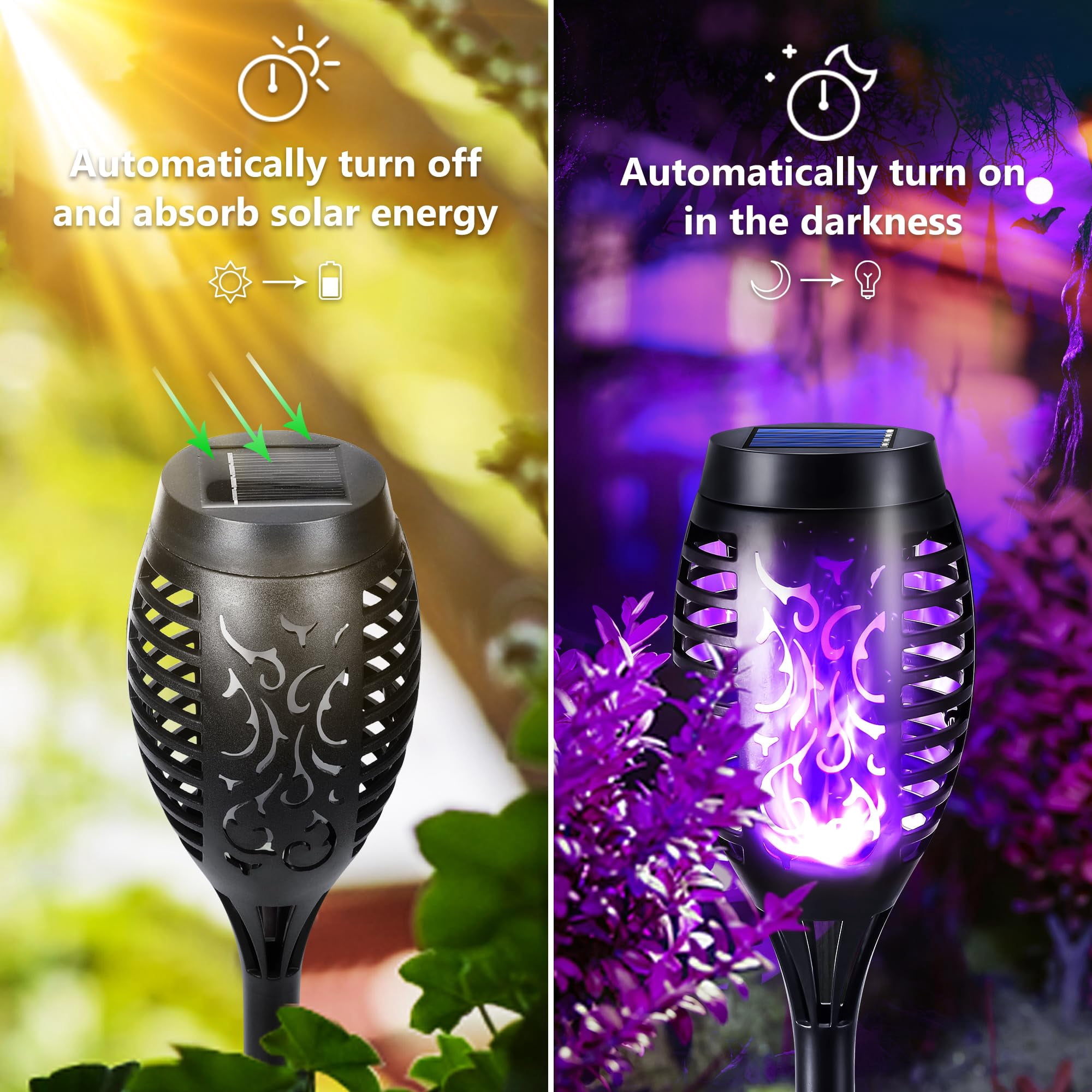Toodour Solar Halloween Lights Outdoor, 12 Pack LED Solar Torch Lights with Flickering Flame, Waterproof Halloween Decorations for Patio Garden Yard Pathway Landscape, Purple