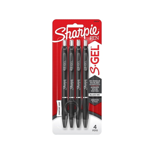 Sharpie S-Gel Gel Pens, Medium Point (0.7mm), Black Ink Gel Pen, 4 Count