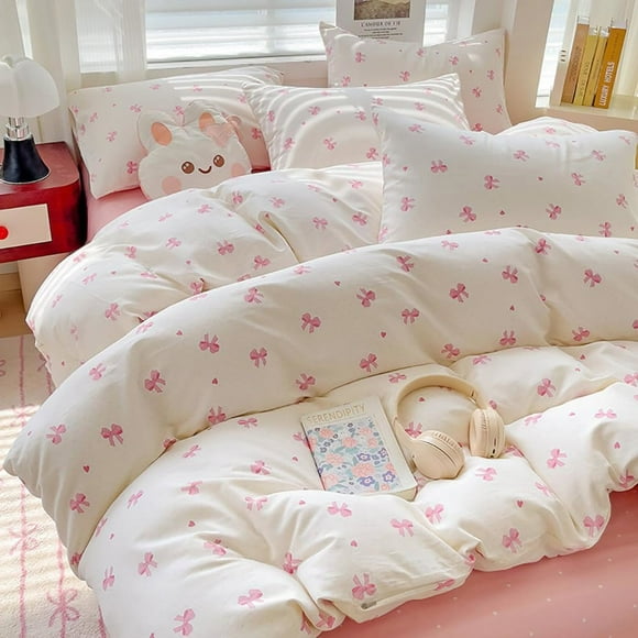 Nayoroom 2 Pieces Cartoon Pink Bowknot Pattern on White Twin Duvet Cover Set Boys Girls Teens Gentle Soft Home Cozy and Breathable Bedding Set