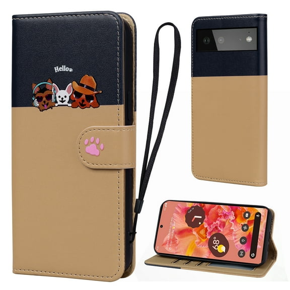 Cute Cartoon Wallet Phone Case for Google Pixel 6 with Card Holder Soft PU Leather Kickstand Cover for Men and Women Magnetic Shockproof Protective with Lanyard for Google Pixel 6, Khaki