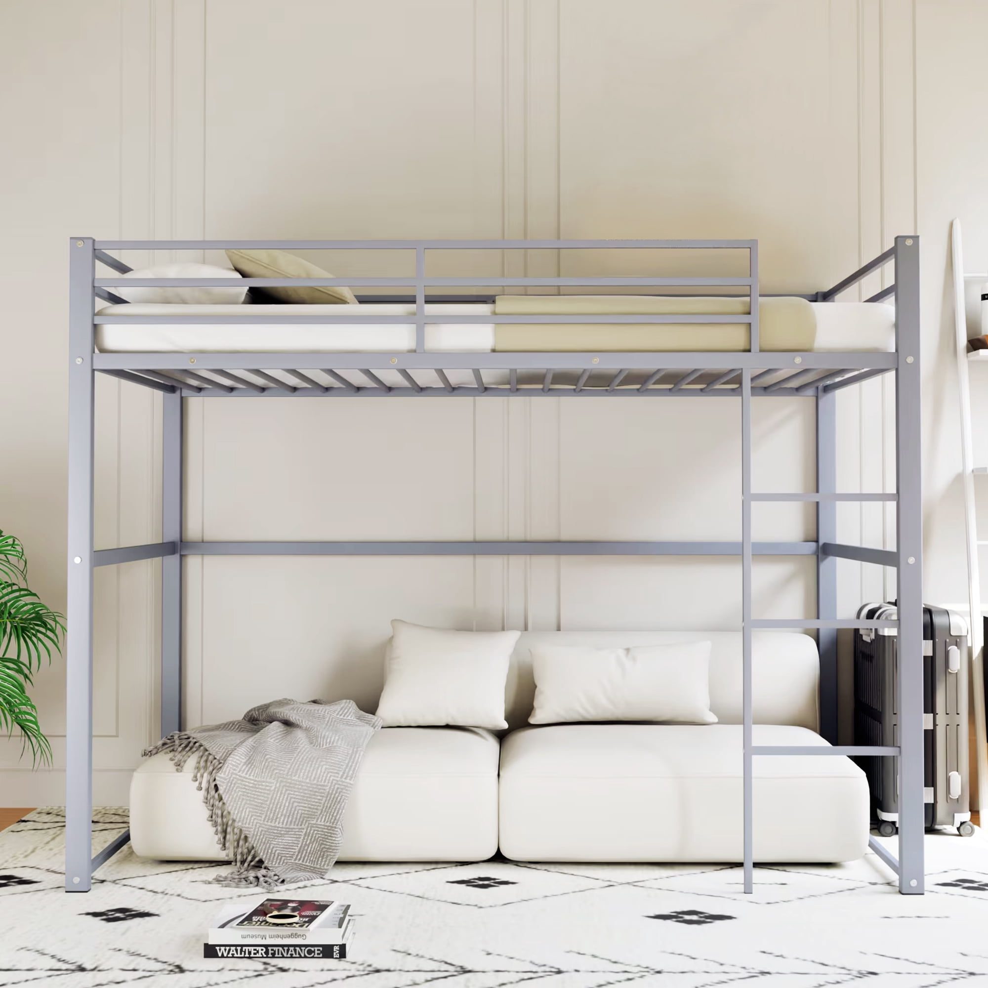 Aukfa Twin Size Metal Loft Bed, Space-Saving Bed with Safety Guard Rails Kids Teens, Gray