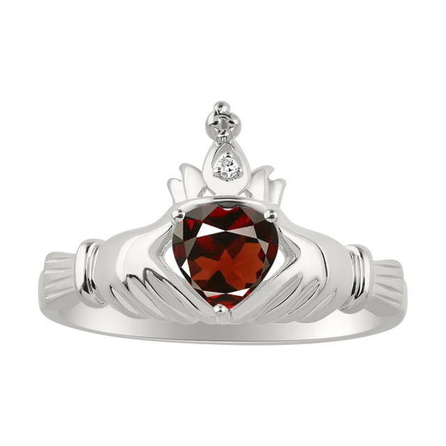 RYLOS Rings Sterling Silver Claddah Love, Loyalty & Friendship Ring Heart 6MM Gemstone & Diamond Claddagh Rings January Garnet Jewelry Size 12