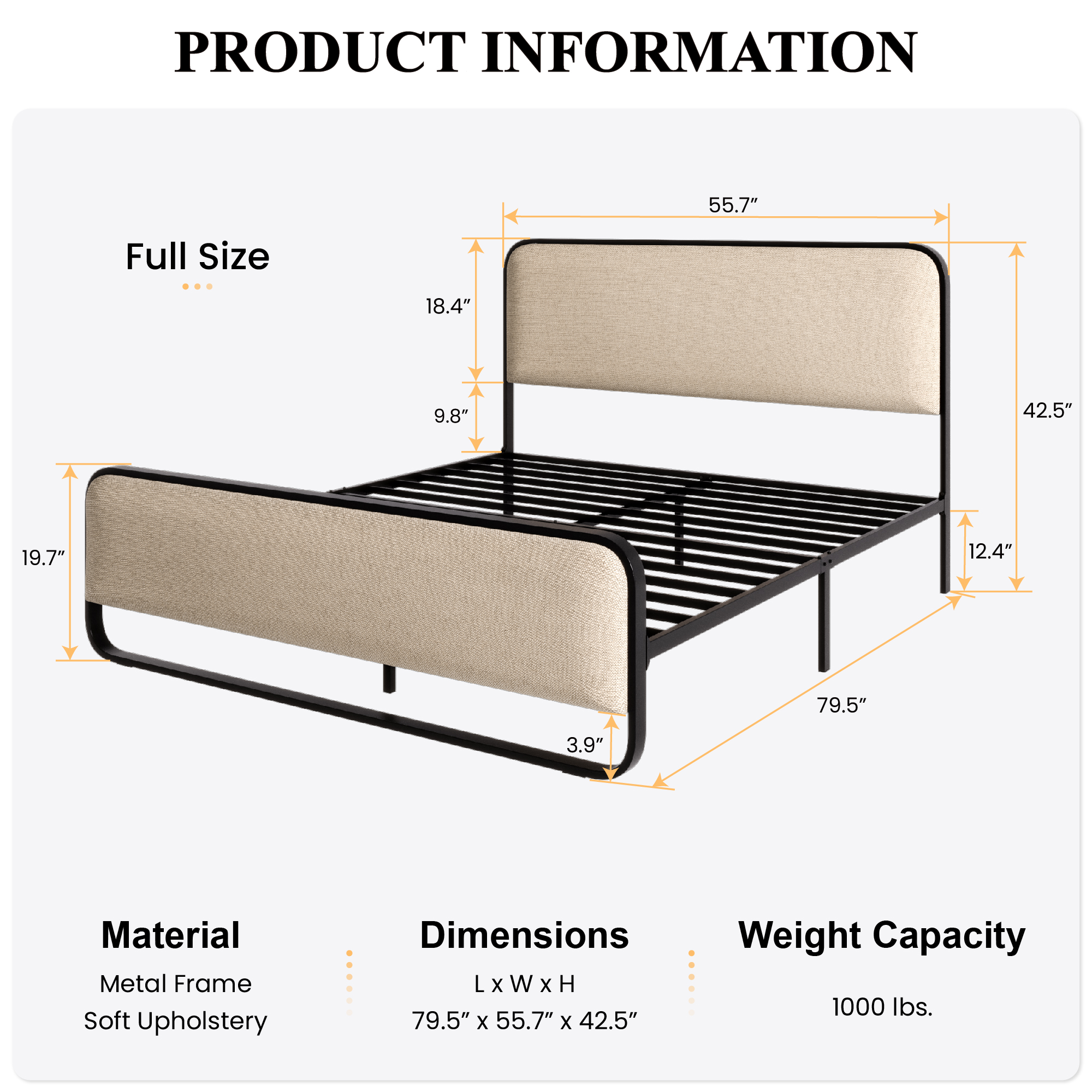 SHA CERLIN Full Size Metal Platform Bed Frame with Curved Headboard and Under-bed Storage, Beige
