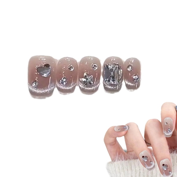 Prensa más corta en uñas, arte de uñas de ataúd mediano con diseño de lujo 3D, uñas postizas reutilizables, 10 piezas con kit de uñas relacionado, 4 tamaños