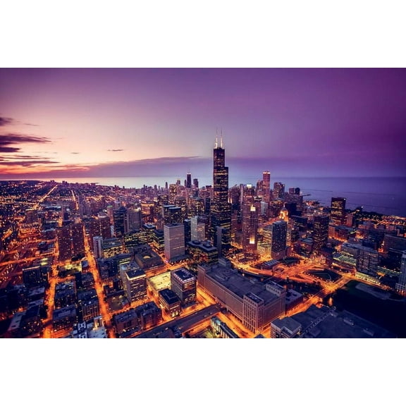 Jigsaw Puzzle for Adults, Chicago Illinois Skyline at Sunset Aerial View, 1000 Piece Premium Puzzle, Willis Tower Cityscape Art for Modern Home or Office Decor