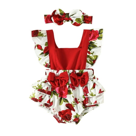 

Frobukio Toddler Baby Girls Jumpsuit Sets Summer Floral Leopard Print Rompers Ruffle Flying Sleeve Bodysuit Headband Red 0-6 Months