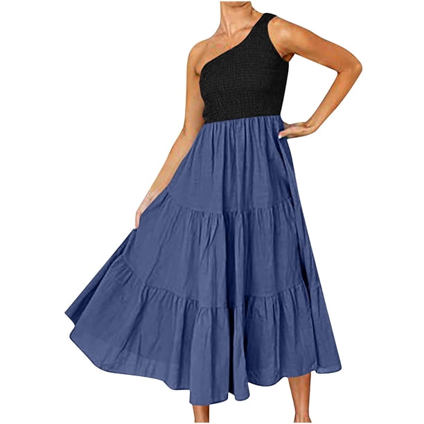 Vestido largo de playa con estampado de patchwork de verano para mujer, sin mangas, con un hombro al descubierto Pompotops ghjkhdj2868