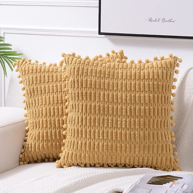 2 paquetes de fundas de almohada decorativas de 18 x 18 pulgadas con pompones para sofá, cama, sala de estar, decoración del hogar estilo bohemio de granja