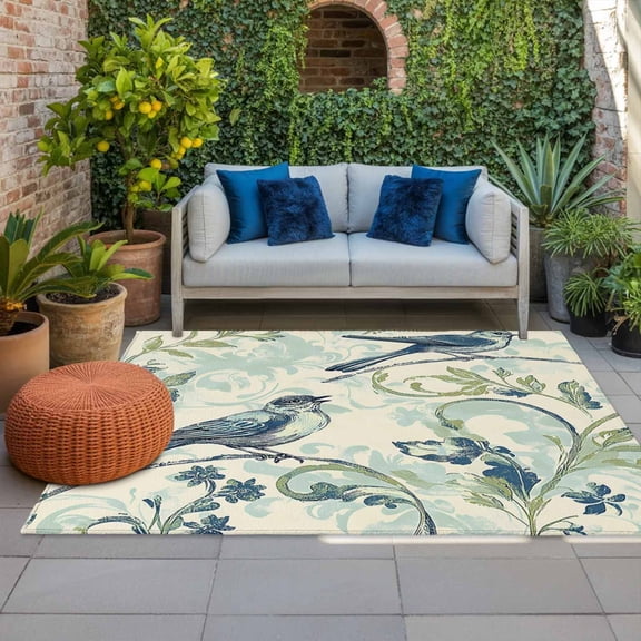 Outdoor Rug 3x5ft Watercolor Blue Green Bird Large Area Rug Leaf Brach Indoor Outdoor Carpet Outdoor Rugs Mats for Patio Camping,RV,Front Door, Outside Decor