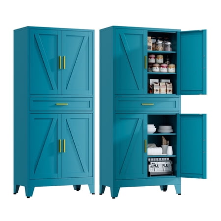 Elegant 71 H Farmhouse Metal Kitchen Storage Cabinet with Drawer and 4 Doors Blue Pantry Cabinet Metal Storage Cabinet for Kitchen Living Room