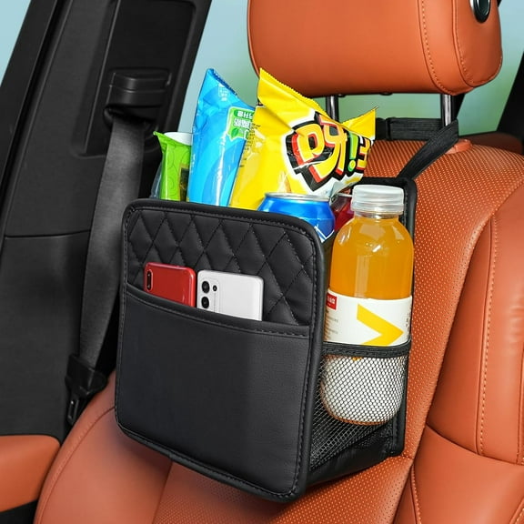 Foldable Car Seat Back Organizer, Large Capacity Hanging Car Backseat Storage Bag with Cup Holders, PU Leather Waterproof Car Trash Bag Can, Car Travel Accessories for Most Vehicles