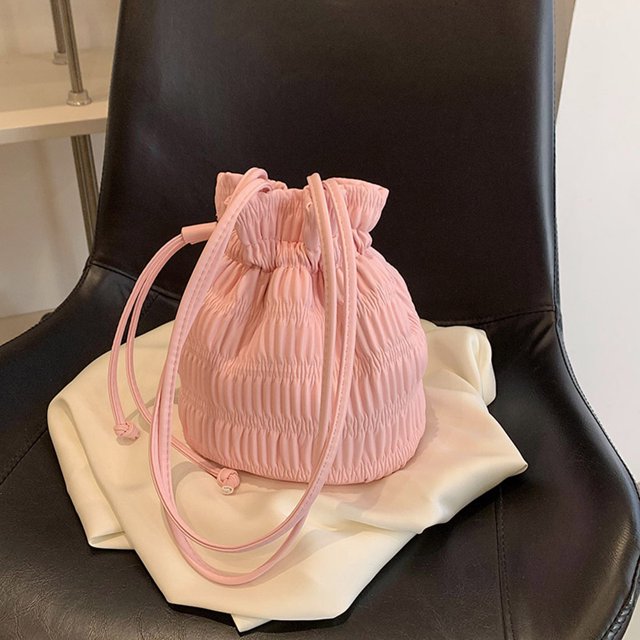 Bolso tipo cubo para mujer, bolso hobo con cordón, bolso de compras plisado (rosa)