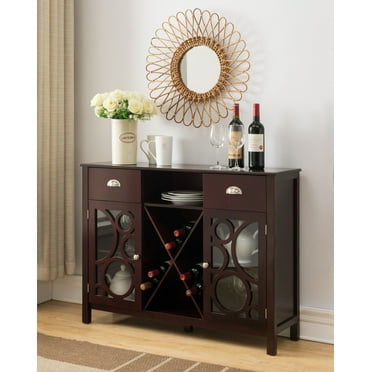 Finn Contemporary Sideboard Buffet Server with Wine Rack, Glass Cabinet Doors, Dark Cherry Wood